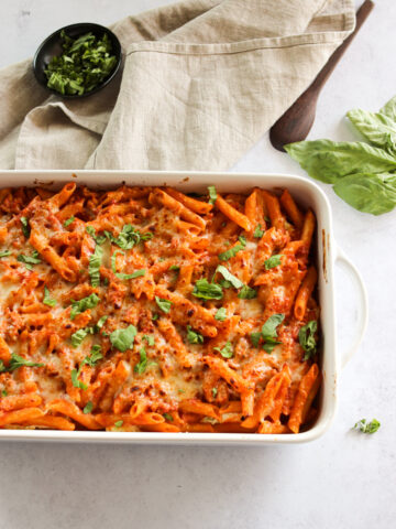 Mostaccioli with Ricotta with basil in a baking dish.