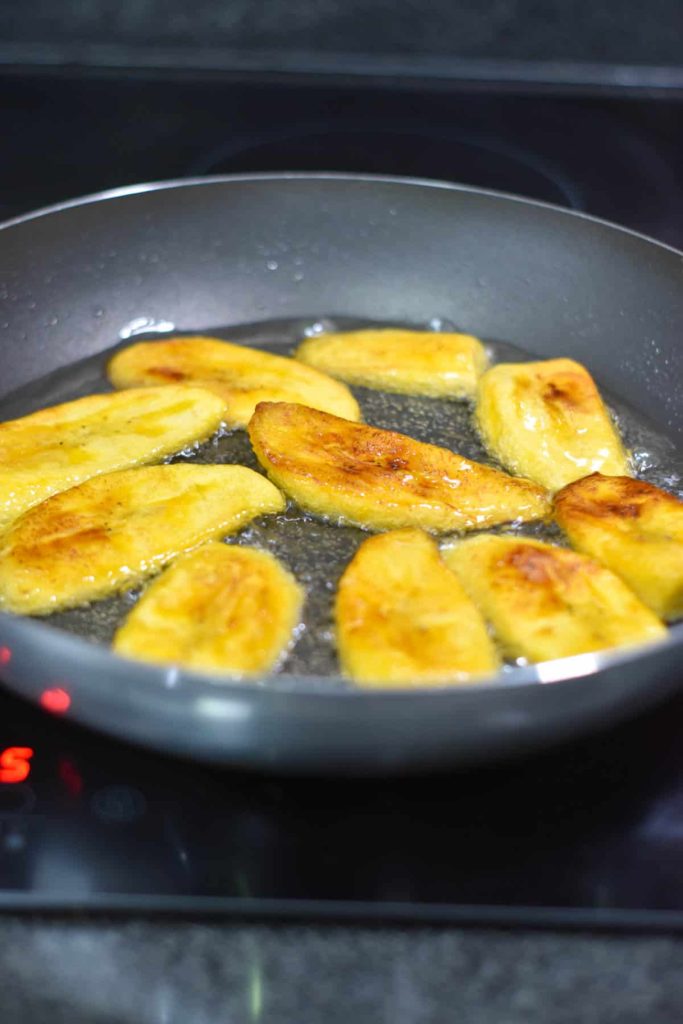 Plantains cooking in oil. 
