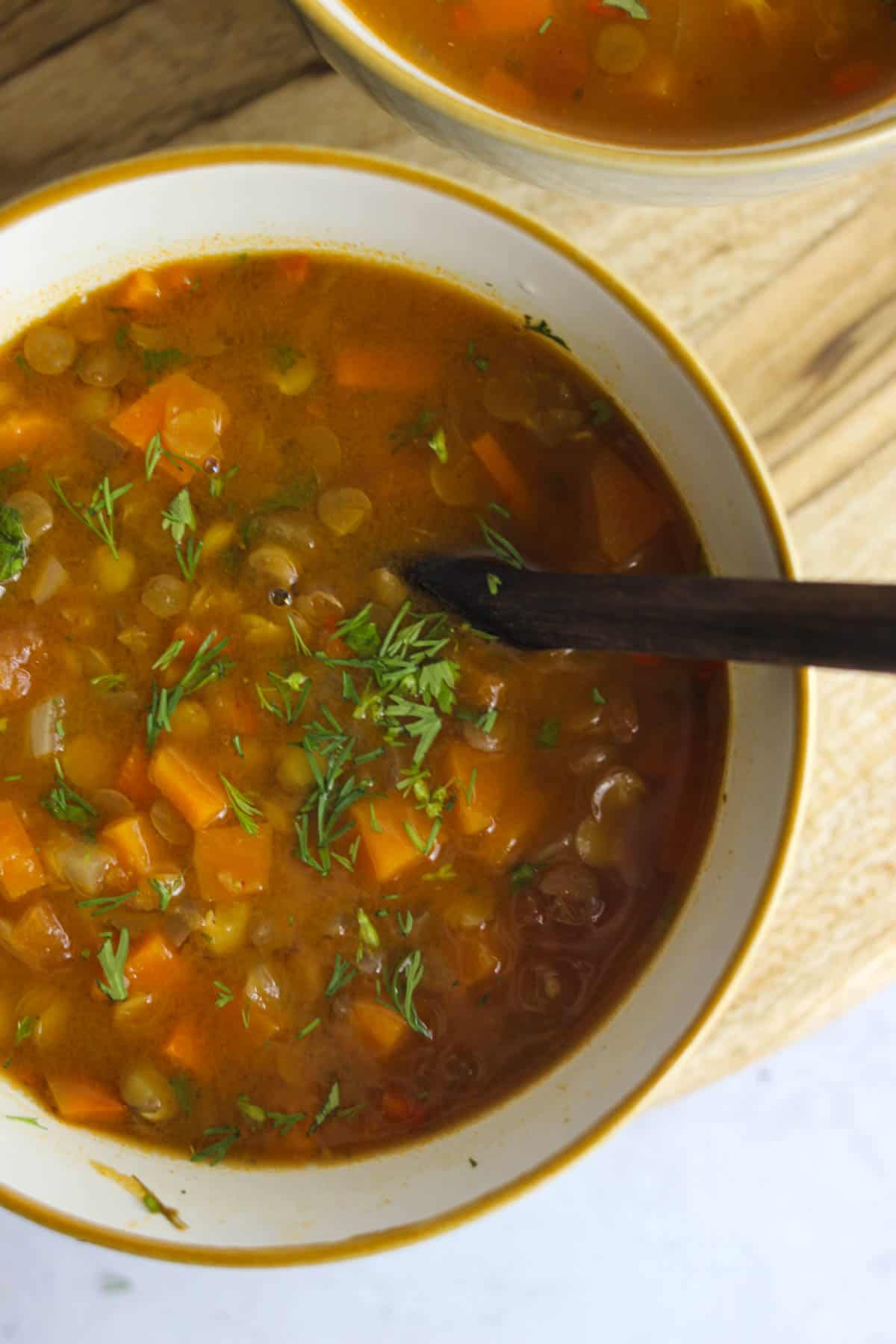 Overhead shot of a bowl of carrot and lentil soup garnished with cilantro.